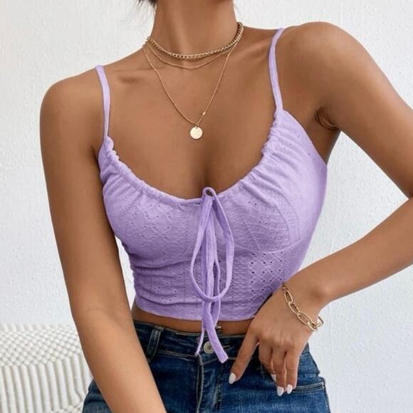 NWOT Shein Lavender Purple Eyelet Lace Tie Front Cami Crop Top Size Small - Picture 1 of 9